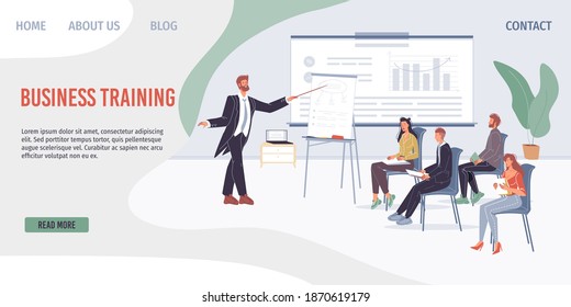 Cartoon flat characters workers,employees,freelancers listening to teacher. Online and offline business training concept