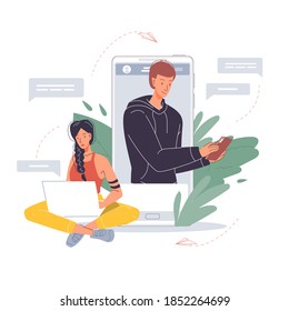 Cartoon-Flachbildcharakter, die Nachrichten schreiben, sich im Online-Chat gegenseitig SMS schreiben, Social Networking-Service, Kommunikations- und Freundschaftskonzept