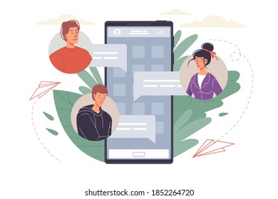 Cartoon flat characters writing messages,texting to each other-online chat,social networking service, communication and friendship concept