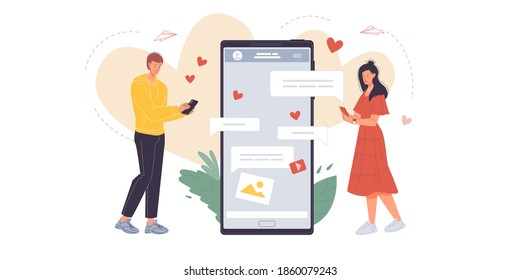 Cartoon-Flachbildcharakter, die Nachrichten schreiben, sich im Online-Chat gegenseitig SMS schreiben, Social Networking-Service, Kommunikations- und Freundschaftskonzept