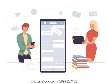 Cartoon-Flachbildcharakter, die Nachrichten schreiben, sich im Online-Chat gegenseitig SMS schreiben, Social Networking-Service, Kommunikations- und Freundschaftskonzept