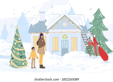Cartoon flat characters,happy family and Santa Claus outdoor with red bag,christmas tree,gift boxes at winter time-merry Xmas,happy New Year holiday concept