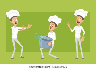 Cartoon flat chef cook man character in white uniform and baker hat. Man carrying stew pot with water and showing stop sign. Ready for animation. Isolated on green background. Vector set.