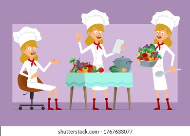 Cartoon flat chef cook woman character in white uniform and baker hat. Ready for animation. Girl reading note and cooking food from different vegetables. Isolated on violet background. Vector set.