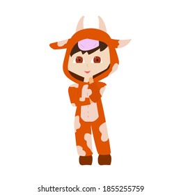 Cartoon flat child in a bull costume. Design for notebook, card, poster, banner, wrapper, background. Сute little baby in kigurumi. 