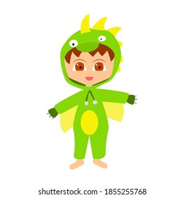 Cartoon flat child in a green dragon costume. Design for notebook, card, poster, banner, wrapper, background. Сute baby in kigurumi. 