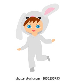 Cartoon flat child in a rabbit costume. Design for notebook, card, poster, banner, wrapper, background. Сute standing little baby in kigurumi. 