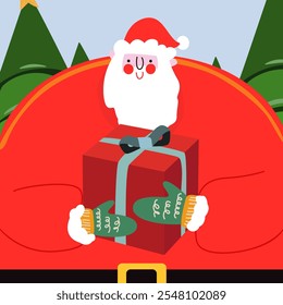 Piso de dibujos animados Navidades de Santa Claus con presente. Personaje de Vector de Santa Claus con una caja de regalo roja y árboles de Navidad. Composición de vacaciones de invierno. Felices Navidades y Feliz Año Nuevo