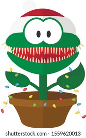 Cartoon flat Christmas Venus flytrap with a garland. Simple web icon