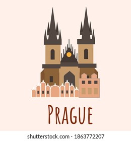 Iglesia plana de la Virgen María ante Tyn en Praga. Símbolo de checo. Ilustración plana vectorial aislada en fondo blanco.