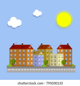 Cartoon flat city  illustration - Urban landscape with houses. Quarter street and the road.  Blue sky with clouds.

