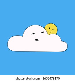 cartoon flat cloud with sun isolated on blue, cloudy sign of weather forecast, uv damage, sun burn, heat stroke, vector stock illustration