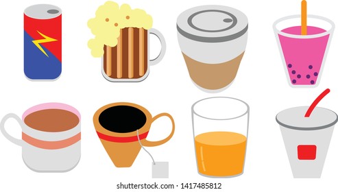 cartoon flat color pack cup juice cafe tea energy drink icons