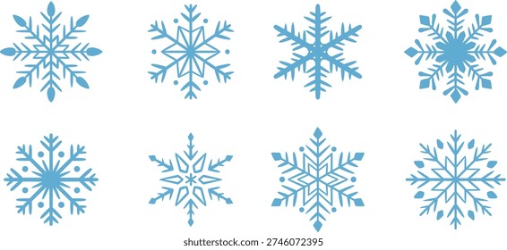Cartoon Flat Colored Blue Snowflake Illustration Set for Christmas and Winter Design Ornaments