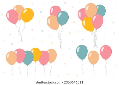 Cartoon flat colorful balloon collection isolated on a white background. A bunch of balloons set. Graphic element for birthdays, celebrations, anniversaries, or invitations. Vector illustration 