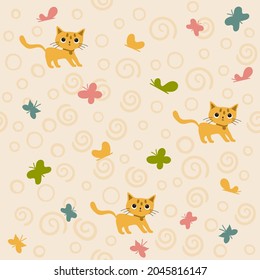 Cartoon flat colorfull funny cute seamless pattern with a cats and butterflys.For printing baby textile, fabrics, design, decor, gift wrapping, paper, baby shower, greeting card,notepad, scrapbooking.