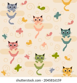 Cartoon flat colorfull funny cute seamless pattern with a cats and butterflys.For printing baby textile, fabrics, design, decor, gift wrapping, paper, baby shower, greeting card,notepad, scrapbooking.