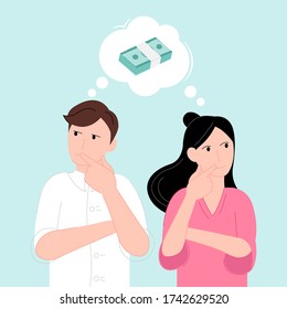 cartoon flat couple thinks about money vector illustration modern style