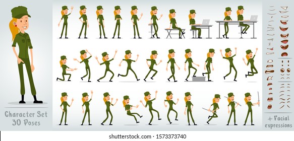 Cartoon flat cute funny army soldier girl character in green uniform and cap. 30 different poses and face expressions. Isolated on white background. Big vector icon set.