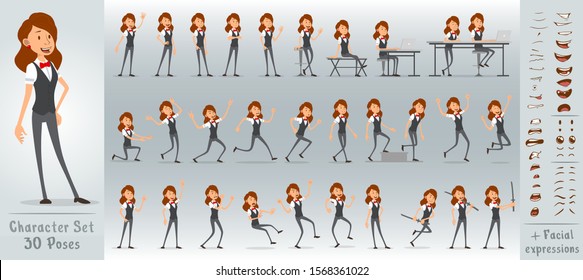 Cartoon flat cute funny business office girl character in jerkin with red bow tie. 30 different poses and face expressions. Isolated on white background. Big vector icon set.