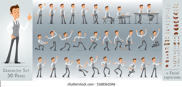 Cartoon flat cute funny business office boy character in jerkin with tie. 30 different poses and face expressions. Isolated on white background. Big vector icon set.