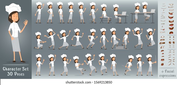 Cartoon flat cute funny chief cook girl character in white uniform and hat. 30 different poses and face expressions. Isolated on white background. Big vector icon set.