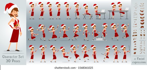 Cartoon flat cute funny christmas girl character in red costume and santa claus hat. 30 different poses and face expressions. Isolated on white background. New Year big vector icon set.