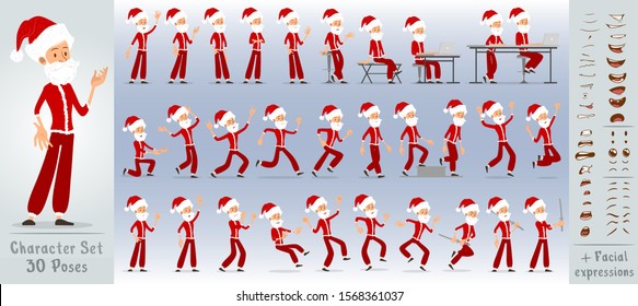 Cartoon flat cute funny christmas bearded boy character win red costume and santa claus hat. 30 different poses and face expressions. Isolated on white background. New Year big vector icon set.