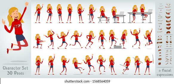 Cartoon flat cute funny christmas girl character in red sweater with polar deer. 30 different poses and face expressions. Isolated on white background. New Year big vector icon set.