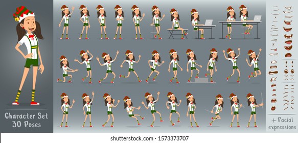 Cartoon flat cute funny christmas girl character in green costume and santa claus elf hat. 30 different poses and face expressions. Isolated on white background. New Year big vector icon set.