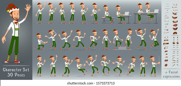 Cartoon flat cute funny christmas boy character in green costume and santa claus elf hat. 30 different poses and face expressions. Isolated on white background. New Year big vector icon set.