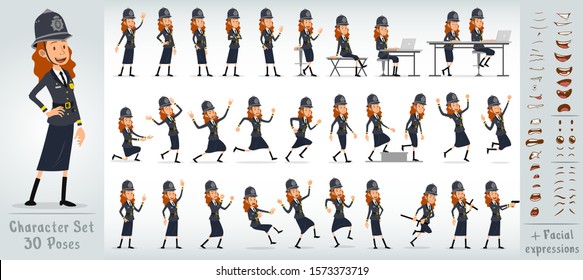 Cartoon flat cute funny english police girl character in gray uniform and helmet. 30 different poses and face expressions. Isolated on white background. Big vector icon set.