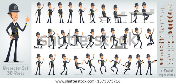 Cartoon flat cute funny
english police boy character in gray uniform and helmet. 30
different poses and face expressions. Isolated on white background.
Big vector icon set.