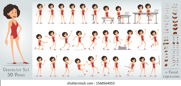 Cartoon flat cute funny handsome girl character in green closed swimsuit. 30 different poses and face expressions. Isolated on white background. Big vector icon set.