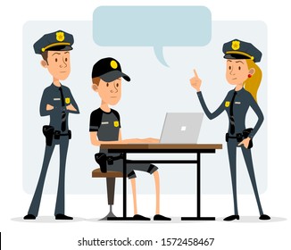 Cartoon flat cute funny handsome police officers in uniform boys and girl characters discussing work process. Isolated on white background. Empty space for text. Vector icon.