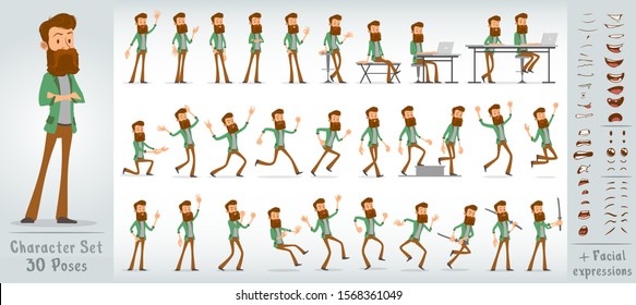 Cartoon flat cute funny hipster boy character in green jacket with beard. 30 different poses and face expressions. Isolated on white background. Big vector icon set.