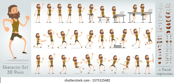 Cartoon flat cute funny homeless boy character in ragged and dirty clothes with beard. 30 different poses and face expressions. Isolated on white background. Big vector icon set.