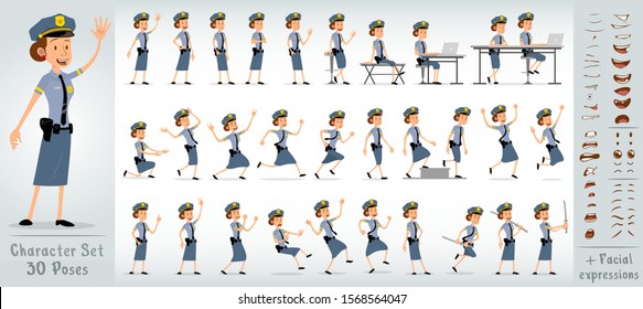 Cartoon flat cute funny police girl character in blue uniform and cap with golden star badge. 30 different poses and face expressions. Isolated on white background. Big vector icon set.