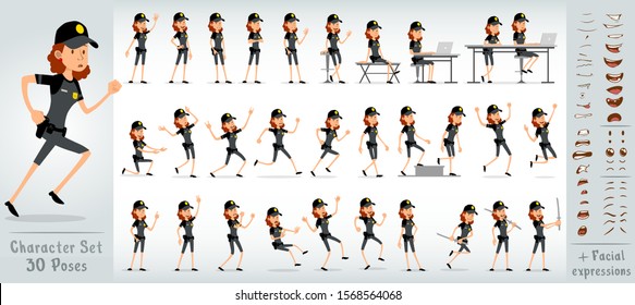 Cartoon flat cute funny police girl character in black uniform and cap with golden star badge. 30 different poses and face expressions. Isolated on white background. Big vector icon set.