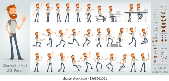 Cartoon flat cute funny redhead office boy character in t-shirt with beard. 30 different poses and face expressions. Isolated on white background. Big vector icon set.