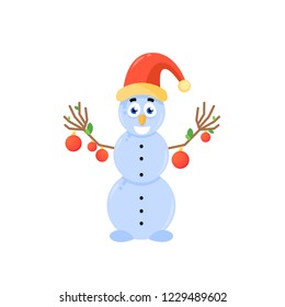 Cartoon flat cute and happy snowman with santa hat, vector flat catoon illustration