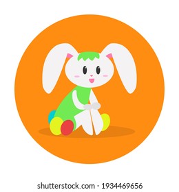 Cartoon flat cute rabbit surrounded by Easter eggs. Design for easter. Can be used for sticker, postcard, poster, notebook and other things. Vector illustration