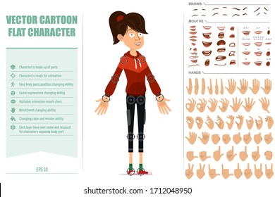 Cartoon flat cute sport girl character in red hoodie. Ready for animations. Face expressions, eyes, brows, mouth and hands easy to edit. Isolated on white background. Big vector icon set.