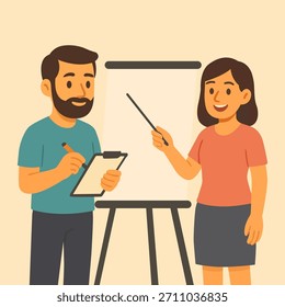 Diseño plano de dibujos animados Ilustración de capacitación y presentación de negocios - Hombre y mujer que se presentan en el Vector de la escena de la oficina