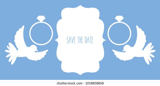 cartoon flat design cover wedding invitation vector & greeting card with two Diamond ring & 2 Love birds or pair couple of White dove and text - save the date in concept creative white frame isolated
