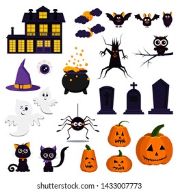 Cartoon flat design Happy Halloween icon set: colorful pumpkins, bats, owl, house, ghost, pot, moons, hat, gravestones, scary tree, cats, eye, spider isolated on white background. Vector illustration.