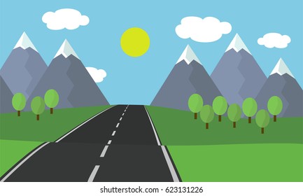 Cartoon flat design illustration of the asphalt road leading landscape with grass and trees in the mountains with snow under blue sky with cloud and sun - vector