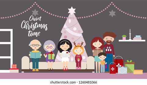 Cartoon flat design illustration of a family at a Christmas tree with gifts. Father with mother and grandmother and grandfather, with children or grandchildren - vector