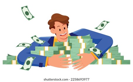 Cartoon flat design illustration of man hugging a pile of money with happy smile.