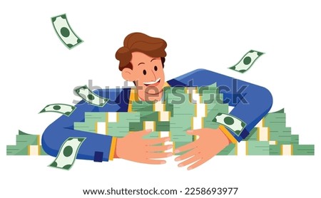 Cartoon flat design illustration of man hugging a pile of money with happy smile.